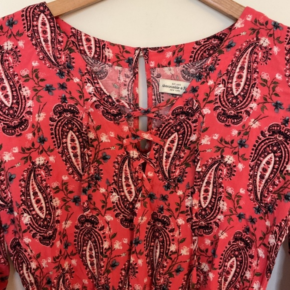 Abercrombie & Fitch Salmon Pink Black Paisley Long Sleeve Romper S Lace Up Y2K - Picture 2 of 12